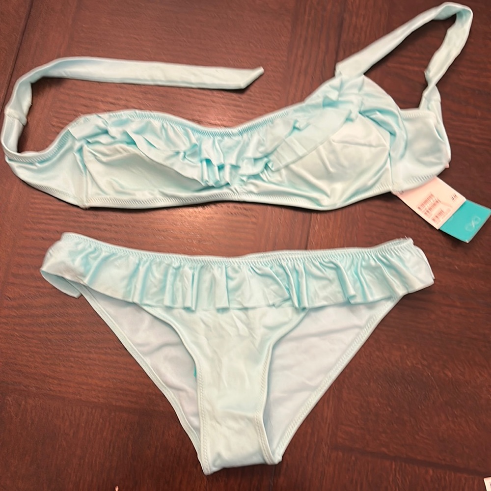 Teal Ruffle Bandeau (removable straps) bathing suit NWT size 8